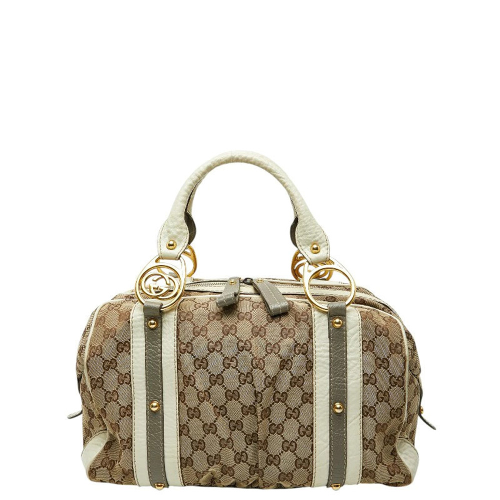 Gucci GG Canvas Shoulder Bag Boston Bag Beige Cream White Leather